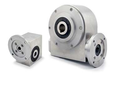 Stainless steel gearboxes on white background