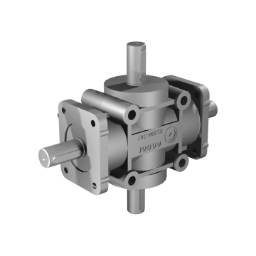 Poggi right angle gearbox 2026, R1:1, D1/2, Ø24h7, 4-way, Reduced backlash, Aluminium